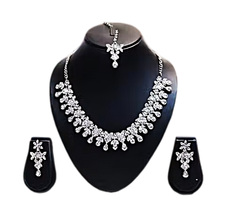 Silver Plated Necklace Set With White American Diamond