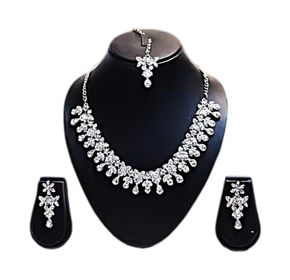 Silver Plated Necklace Set With White American Diamond