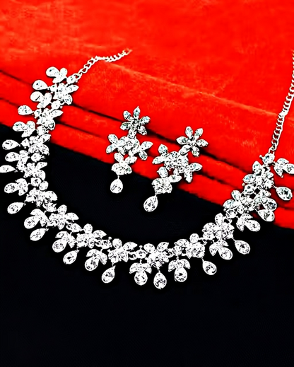 Silver Plated Necklace Set With White American Diamond