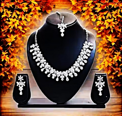 Silver Plated Necklace Set With White American Diamond